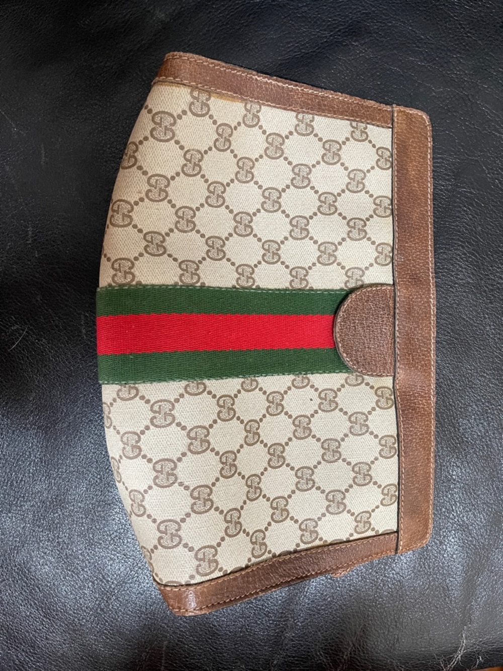 VintaGucci Beige Canvas & Brown Leather Clutch with Green-Red Stripe